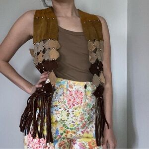 Vintage suede patchwork vest fringe hem brass studs boho hippie festival AS IS